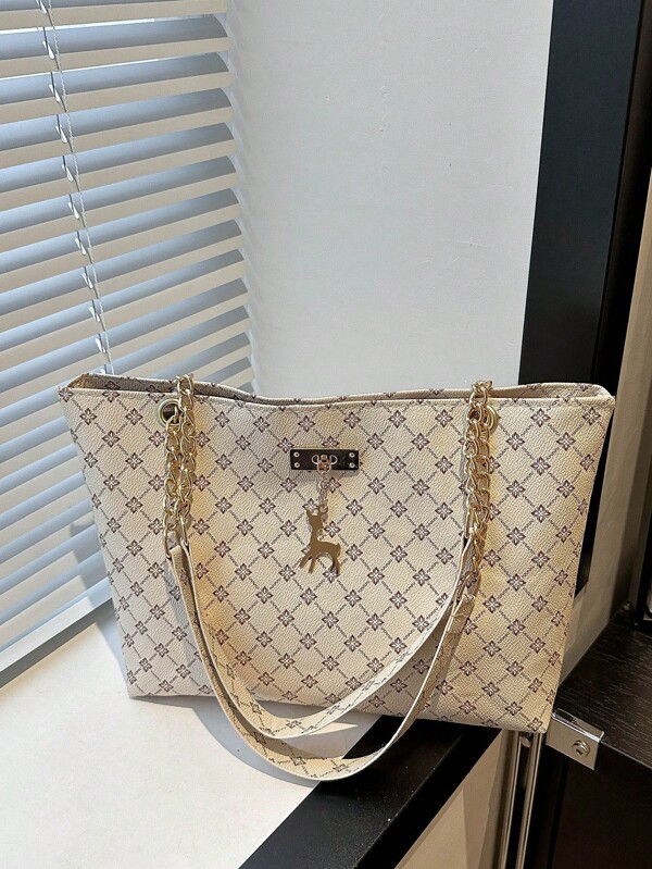 Grand sac à main de mode femme 2024, sac fourre-tout à chaîne rétro avec motif imprimé, idéal pour les déplacements, les sorties décontractées et les courses