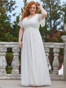 Große Größen Rüschenärmel Chiffon Abschlussballkleid Junggesellinnenabschied Partykleid Bridal-Shower Kleid Hochzeitskleid für Braut Verlobungskleider