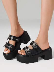 Women's Summer Gothic Sandals Platform Y2K Slippers With Bat Decorative Buckle And Square Toe For Women Slip-On Platform Sandals - 黑 - 查看 4