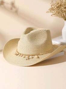 1 Peça Chapéu Panamá Unissex com Borlas, Decoração Boho Jazz, Chapéu de Vaqueira, Chapéu de Cowboy, Chapéu de Palha, Chapéu de Praia para Uso Externo