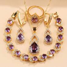 Elegant Luxury 5-Piece Jewelry Set: Synthetic Zirconia Teardrop Earrings, Pendant, Bracelet, Ring, Necklace - 18K Golden Plated Copper - Wedding, Christmas, All-Season Gift For Her