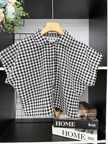 ELLIE Casual Striped Print Loose Cropped Shirt - 黑白格子 - 查看 1