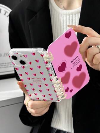 Hjärttryckt bokformat flipfodral för telefon, skärmskydd för telefon, transparent telefonskal med hjärta, inspirerande slogan "Tro på dig själv, så blir du ostoppbar" telefonskal