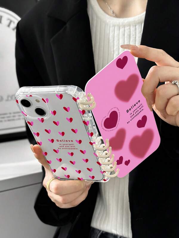 Heart Print Book-Shaped Flip Cover Phone Case, Screen Protector Phone Case, Heart Transparent Phone Case, "Believe In Yourself, And You Will Be Unstoppable" Inspirational Slogan Phone Case