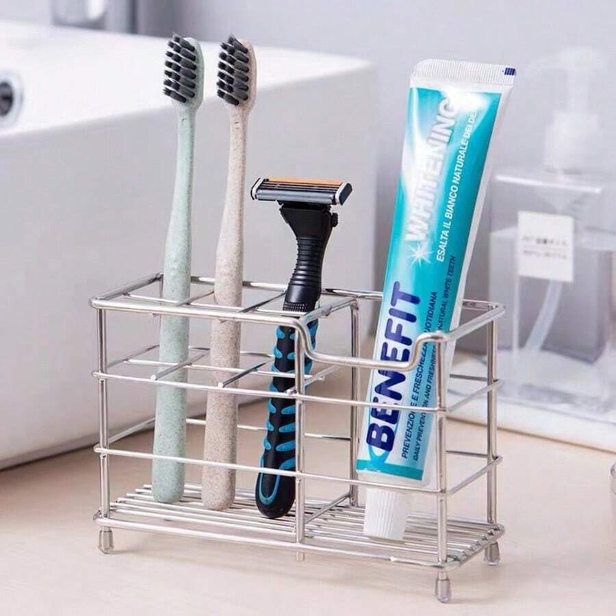 1 PC Minimalist Stainless Steel Toothbrush Storage Rack: Also Ideal For Cosmetics And Miscellaneous Items Organization Bathroom Decor Fall Decor Back To School - Silver - View 1
