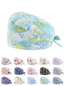 1 pieza Gorro de enfermera con estampado digital de flores, animales y corazones sobre fondo rosado, de mezcla de algodón. Adecuado para médicos, enfermeras, salones de belleza, hospitales veterinarios y profesionales de limpieza. Anti-bacterial y anti-polvo