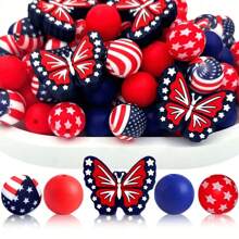 Set de 25 cuentas redondas y mariposas, en diversos estilos DIY, set de cuentas de silicona con diseño de mariposas y estilo del Día de la Independencia de Estados Unidos, adecuado para hacer pulseras, collares, colgantes y otros adornos decorativos creativos. Cuentas de silicona, cuentas redondas, mariposas, pequeños regalos DIY.