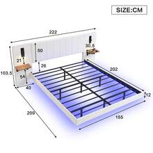 White 150x200cm Upholstered Bed, Adults Teenagers Double Bed , 2 Bedside Lamps, Headboard Storage Function, Soft Headboard, Velvet+Iron, - White - View 5