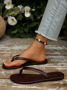 New Spring/Summer, Women's Chocolate Brown Thong Sandals, Round Toe Flat Flip Flops, Casual Slippers For Indoor & Outdoor Wear