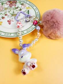 Creative DIY Cute Fresh Furry Pompom & Pearl Beaded Candy Color Rabbit Keychain Bag Pendant