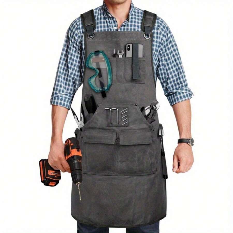 Local Shipping-Heavy Duty Wood Working Workshop Bib Apron For Carpenter Woodworker Blacksmith, Men Gift, Adjustable To S- 3XL, Khaki,Woodworking Apron For Men, Shop Apron 20 Oz Canvas Work Apron With 9 Tool Pockets, - Gray - View 1
