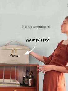 Customized Women's Portable Travel Makeup Bag With Compartments, Makeup Brushes Bag, Waterproof Pu Cosmetic Bag For Outdoor & Vacation, Khaki , Makeup Bag Makeup Pouch Skincare Bag Toiletry Bag School Supplies Travel Essentials Make Up Bag Holiday Essentials Makeup Bags Makeup Organizer Holiday Winter Gifts For Women Make Up Organizer Makeup Storage