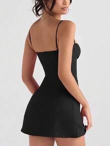 Women's Solid Sexy Black A-Line Suspender Mini Dress, Elegant Style Suitable For Daily Outings, Dates, Parties, Summer/Spring Vacations Outfits - Black - View 3