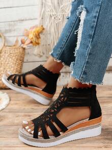Women's Casual Faux Suede Rope Straw Wedge Roman Sandals, Black Geometric Open Toe With Back Zipper - Black - View 4