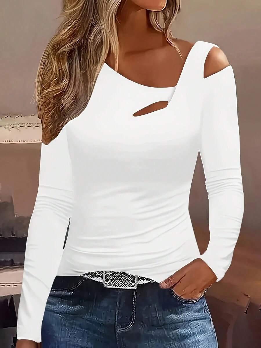 Top à manches longues asymétrique avec épaule ajourée, Top pour femmes, convient pour le printemps et l'automne - Blanc - Voir 1