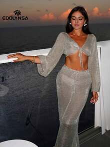 Sexy Metallic Gold Tank Top Long Skirt Knit 2 Pieces Wrap Hip Long Skirt Knit 2 Pieces Set Vacation Club Party Girl Clothing