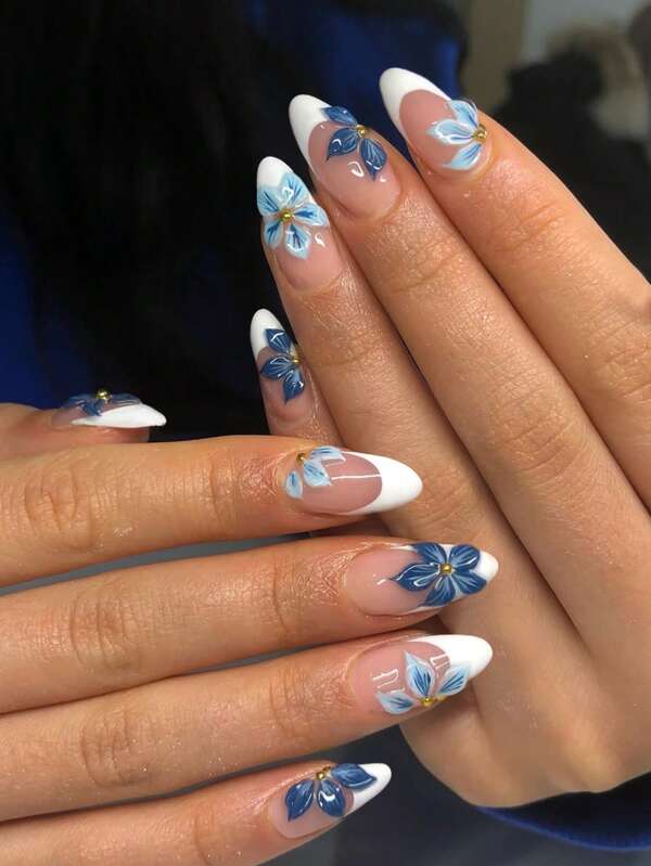 24 stuks amandel 3D gel bloemen witte French tip press-on nagels, perfect passend bij acryl kunstnagels set, bevat 1 stuk geleilijm en 1 stuk nagelvijl, Summernails nagels voor vrouwen en meisjes om zelf te maken, dagelijks werk, studie en feestgebruik