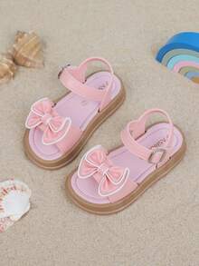 1 par de sandalias planas de unicolor para niñas con diseño de lazo y cierre de , adecuadas para el verano - Rosa - Ver 3