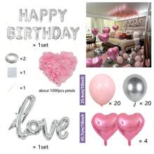 MZYI.LINGER 1050/21/200pcs Black & Silver Party Balloons Decorations, Silver Happy Birthday Banner, Chrome Silver Latex Balloons, Silver Heart Shaped Foil Balloons, 1000pcs Black Rose Petals, Suitable For Birthday Party, Birthday Decoration, Anniversary, Home Decor (18th/19th/20th/21st/25th/30th Birthday)