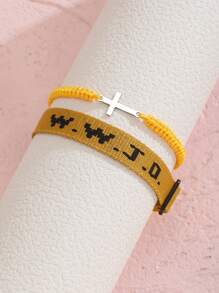 2pcs/Set Minimalist Stainless Steel Cross Bracelets & Wwjd Letter What Would Jesus Do Christian Jewelry Jacquard Knit Wristband Bracelet Set For Women For Party Jewelry