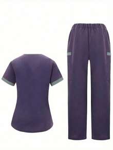 Women's Contrast Trim V-Neck Short Sleeve Top And Elastic Waist Pants Uniform Set