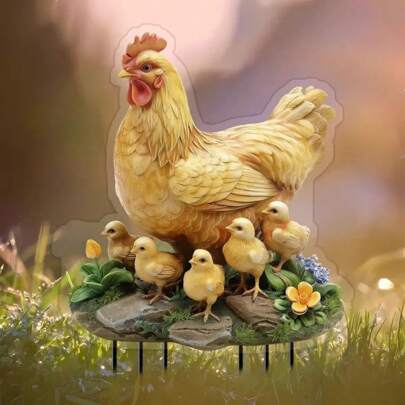 2D Flat Rustic Chicken Family Garden Stake - Waterproof Acrylic, Hen & Chicks Design - Ideal For Potted Plants, Patio & Lawn Decor