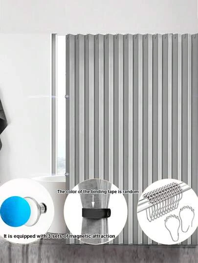 1 款高端折叠浴帘，浴室装饰浴帘，带 3 个磁性附件，防水无衬里，纯色耐用亚麻纹理浴帘，适用于浴室的布艺浴帘套装，金属挂钩浴室用品