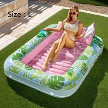 L/XL Inflatable Tanning Pool Lounge Float With Cup Holder, 70"X46"/85″ X 57″ Extra Large Pool Floats Adult With Pillow, 4 In 1 Suntan Tub Raft Floatie, Sunbathing Bed Lounge Blow Up Ball Pit Party Gifts, Inflatable Lounge Sofa Pool - 青粉色-L - 查看 1