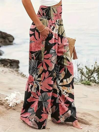 Tropical Print Casual Wide Leg Pants, Suitable For Teachers' Office