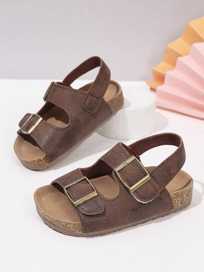 1 Pair Children's Soft Comfortable Sandals, Brown Hook And Loop Casual Open Toe Fashion Beach Shoes, Summer