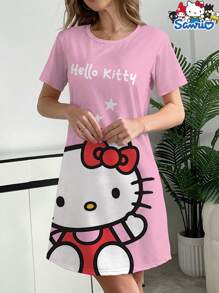 Sanrio Sanrio Hello Kitty Cartoon Print Short Sleeve Nightgown, Casual & Comfortable Summer Sleepwear Dress