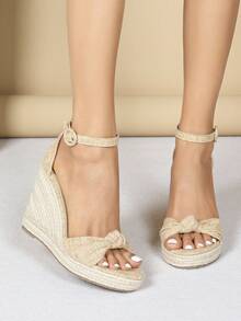 Women's Fashion Wedge Sandals, Round Toe Sandals, Rope Bottom Thick Sole Sandals, Nude Strap Sandals, Solid Color Summer Outdoor Sandals, Minimalist Apricot Sandals With Twist & Knot, Open Toe, Sexy - Apricot - View 4