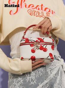 Mini sac bandoulière à chaîne, sac à main en patchwork imprimé, sac boîte mignon à motif cerise, petit sac seau adorable, sac polivalent d'épaule et de messager, convient pour le bureau, les déplacements, les rendez-vous, les courses, les vacances, la plage, les festivals de musique, les fêtes