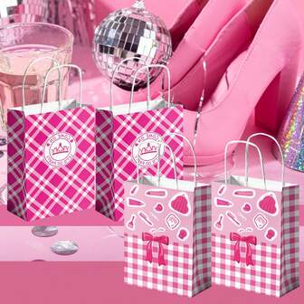 6/12 件 - 可重复使用的粉色蝴蝶结礼品袋，带手柄，中号生日派对礼品袋，8.6x6x2.8 英寸，适合送礼、节日礼物、情人节、母亲节、毕业典礼