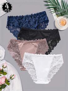 4 Packs Women's Underwear - Floral Lace Seamless Panties, Stretchy & Comfortable, Breathable Delicate Lace Design, Mid-Rise Basic Briefs For Daily Wear
