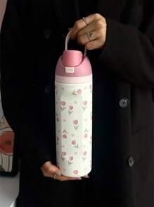 1pc Pink Tulip Pattern 24oz-32oz-40oz Double Wall Stainless Steel Vacuum Insulated Sports Water Bottle, Tumbler With Straw, Suitable For Sports, School, Travel, Gym, Gift For Holidays, Birthday