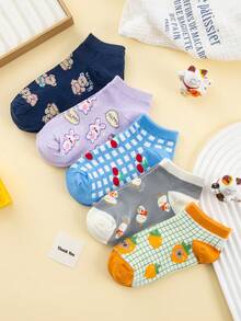 1/5 PairsOf Cartoon Fun Pattern Women's Ankle Socks, Lightweight And Breathable Invisible Low Cut Cute Socks, Boat Socks, Suitable For Spring, Summer And Autumn, Suitable For Daily Wear, Travel Essentials, Gatherings, Daily Life, Activities, Festivals, Versatile Items, Skin Friendly And Non Irritating, Sturdy And Durable, Close Fitting And Not Restrictive - White - View 2