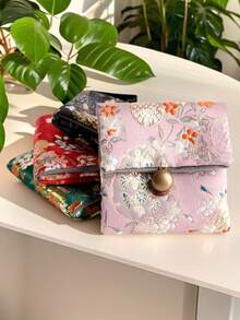 1pc Chinese Style Linen Jewelry Storage Pouch, Snap Closure Multi-Compartment Linen Jewelry Organizer Bag - Multicolor - View 4