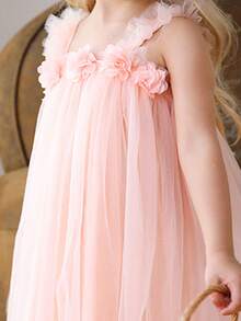 年轻女孩可爱 3D 花卉无袖多层薄纱派对礼服，适合花童、婚礼、生日派对、拍照、舞会、毕业典礼、夏季