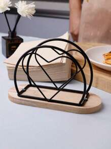 1 pieza Soporte para servilletas de estilo nórdico con base de madera y estructura de hierro, dispensador de pañuelos de papel vertical de metal, accesorio de decoración de mesa, para el hogar, restaurante, hotel y cafetería, útiles escolares