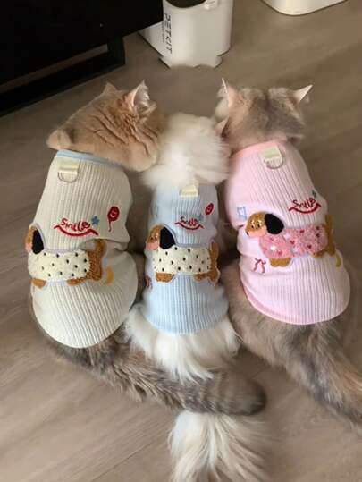 LANGXINGCS 1pc Cartoon Dog Pattern Striped Breathable Cat Vest, Polyester Material Soft & Breathable Winter Cute Bow Design Cat & Dog Vest, Suitable For Medium & Small Cats And Dogs