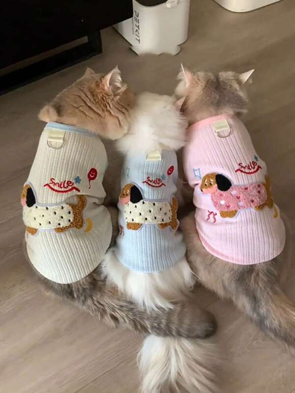1 pieza Chaleco de perro con patrón de perro de dibujos animados de verano a rayas, material de poliéster suave y transpirable, patrón de lazo lindo para gatos y perros, adecuado para mascotas medianas y pequeñas