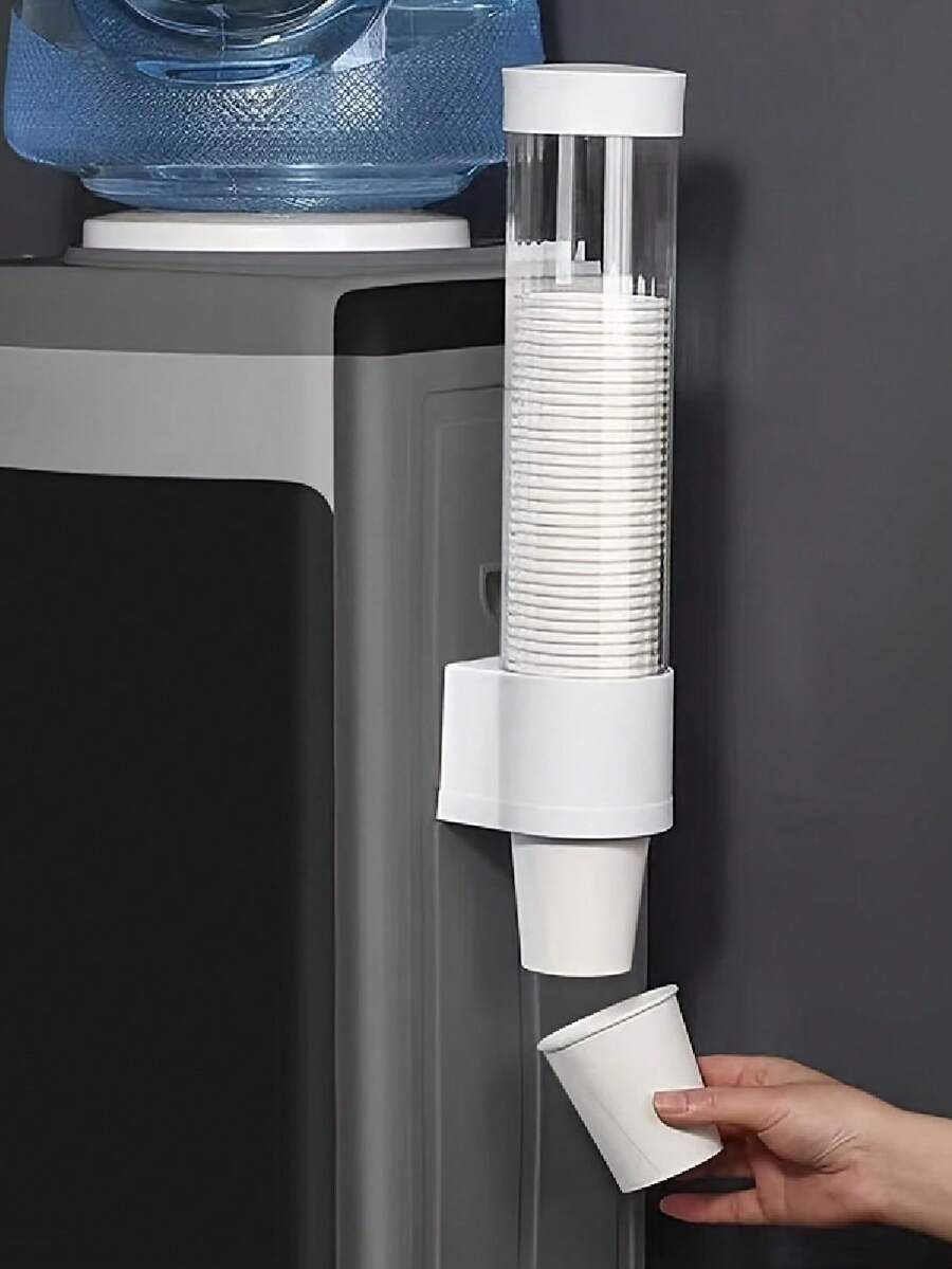 Cup Extractor, 1 Disposable Paper Cup Holder Wall Mounted, Dispenser Automatic Cup Storage Rack, Water Cup Non Perforated Storage Rack, Water Dispenser Cup Holder, Cup Container, Kitchen Supplies - White - View 1