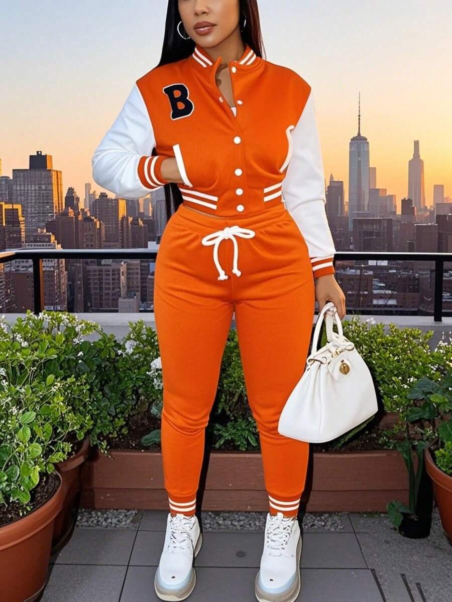 Fooullaide Women's Varsity Jacket Sweatsuit 2 Piece Tracksuit Crop Top Button Down Letterman Jackets Pants Sets - 橘色 - 查看 1