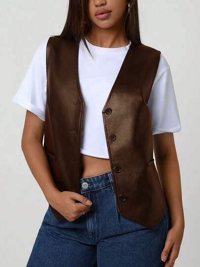 Women's Vintage Casual Loose PU Leather Sleeveless V-Neck Vest Jacket, Minimalist Style For Autumn/Winter, Suitable For Daily Wear, Can Be Paired With Buttons, Suitable For Christmas, New Year Party, Valentine's Day And Other Occasions
