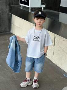 2pcs/Set Toddler Boys' Denim Vest And Shorts Set, Summer
