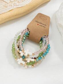 6pcs Turquoise Cross & Colorful Crystal Elastic Bracelets Set, Fashionable Multi-Pack Suitable For Women Daily Wear, Great Gift