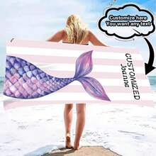 1pc Creative, Fashionable, High-Quality Beautiful Mermaid Tail Design, Customizable Name, Ultra-Soft Beach Towel, Suitable As A Gift For Loved Ones, Super Lightweight, Quick-Drying Beach Towel, Essential For Travel, Camping, Beach, Swimming Pool, Suitable For Boys And Girls. Bathroom Decor Summer Beach Essentials