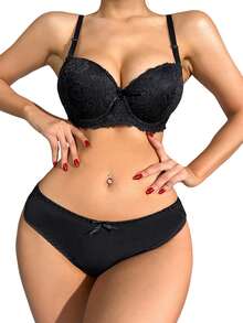 Women's Lace Lingerie Set V Neck Bra With Low Rise Thong Mesh Babydoll Set - Negro - Ver 2