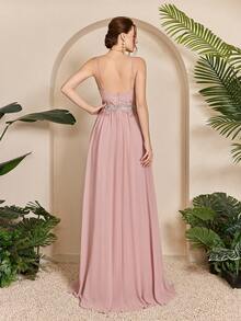 Vestido largo con falda plisada y con aplicaciones bordadas de gasa con diseño de retales - Rosa Pálido - Ver 3